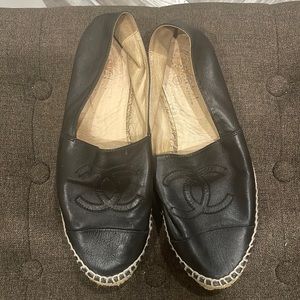 Chanel Espadrilles Lambskin Cap Toe Double Stack Cc Flats Slip-On Black  size 40